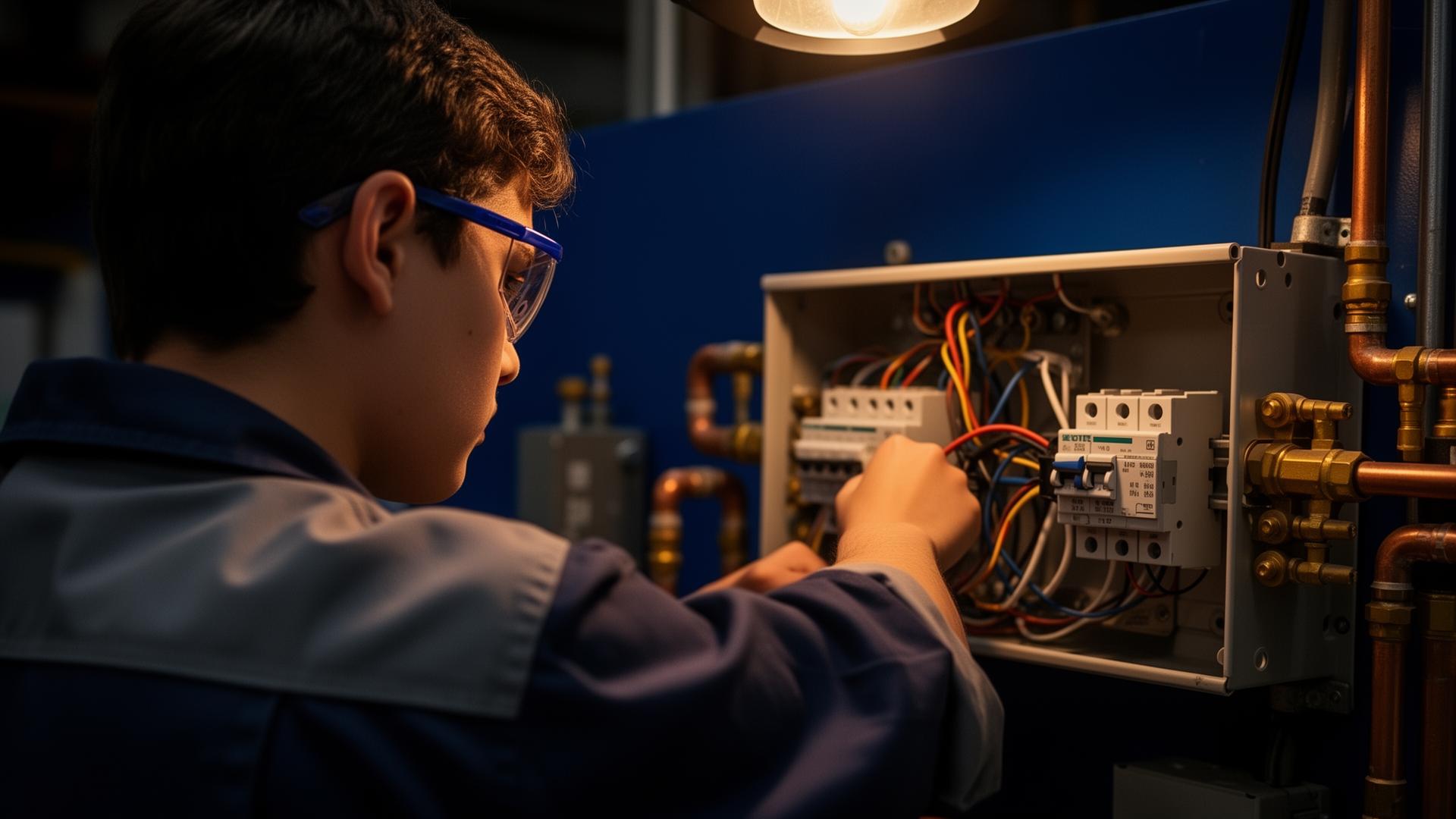 Apprentice wiring a panel in a training-floor workshop
