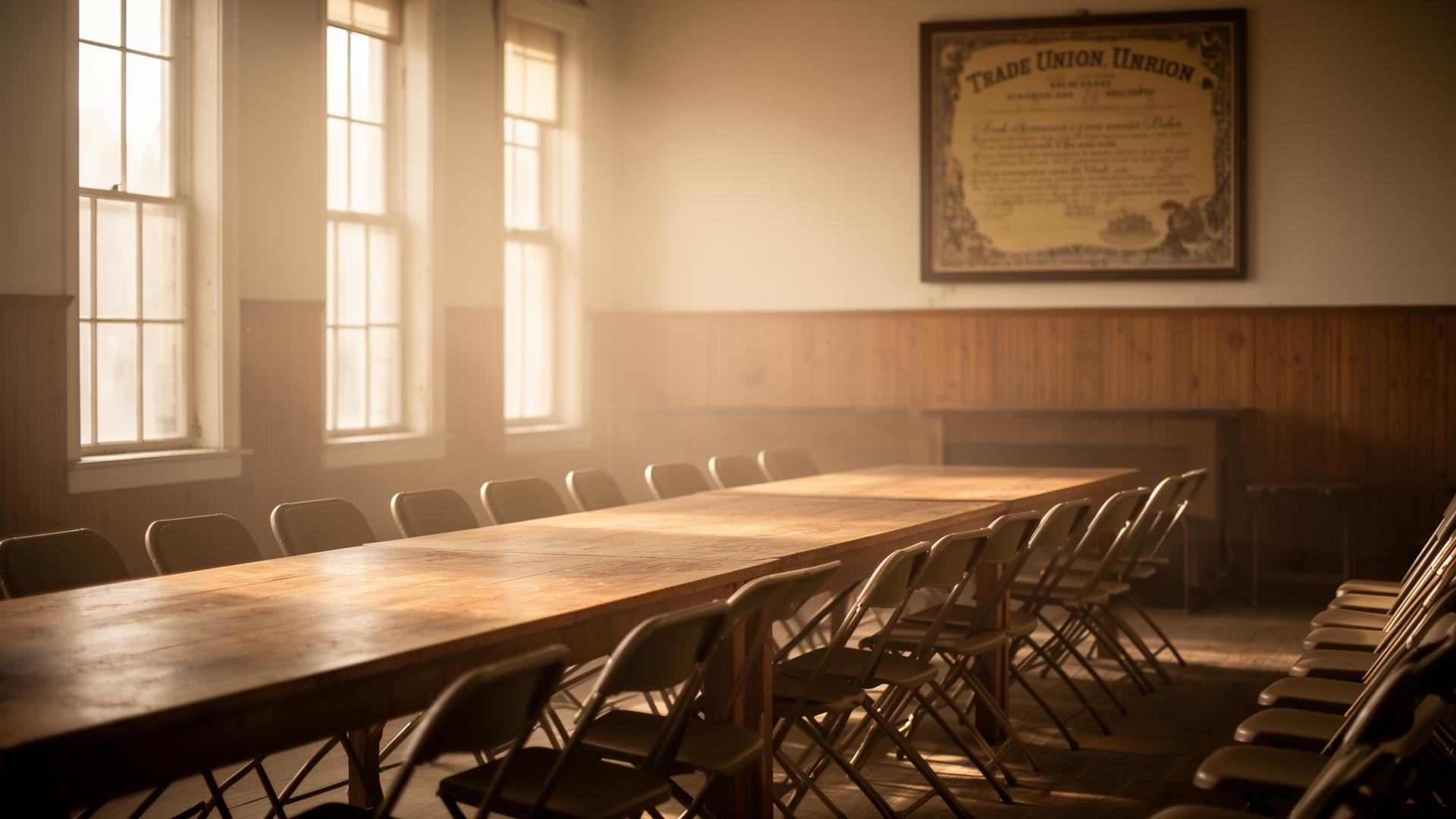 Empty union hall before a meeting, morning light through tall windows